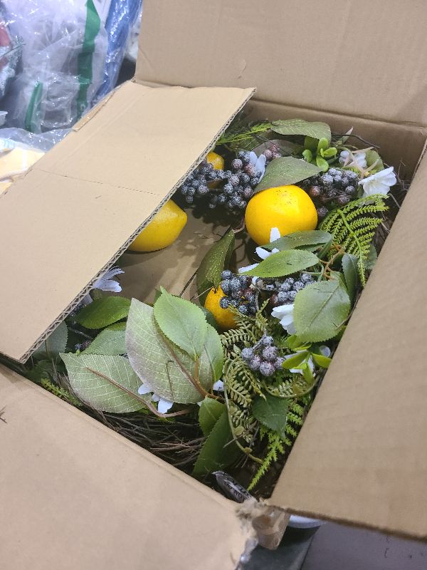 Photo 1 of 18 inch Artificial Lemon Wreath for Front Door, Summer Door Wreath Faux Lemons Door Wreath with Berries, Daisy, Wildflowers, Ferns Leaves Small Wreath for Indoor Wall Wedding Farmhouse Lemon Décor