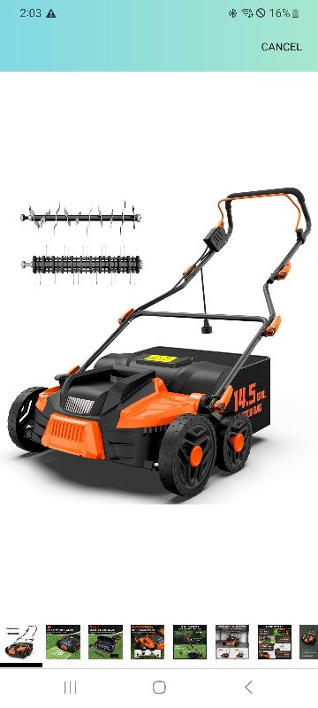 Photo 1 of 16-Inch 15.5 Amp 2-in-1 Electric Dethatcher and Scarifier with 14.5-Gallon Removable Thatch Collection Bag, Lawn Dethatcher with 5-Position Adjustment, Quick-Fold, Keeps Lawn Healthy - Orange