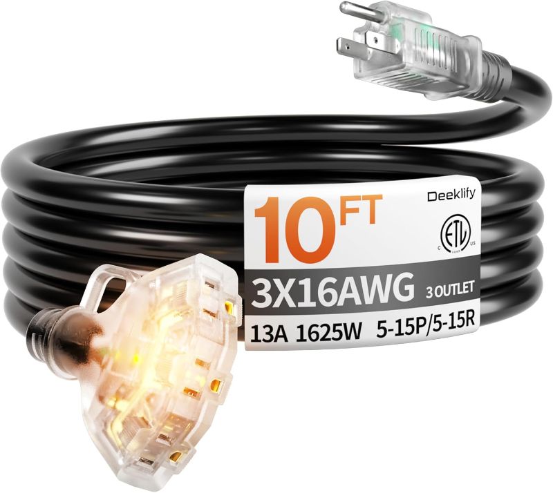 Photo 1 of 10 ft 16/3 awg 3 Outlet Extension Cord Splitter with Indicator, Waterproof Indoor/Outdoor Extension Cord with Multiple Outlets, 13A 1625W for Home & Workshop, ETL Listed, Flexible Black SJTW