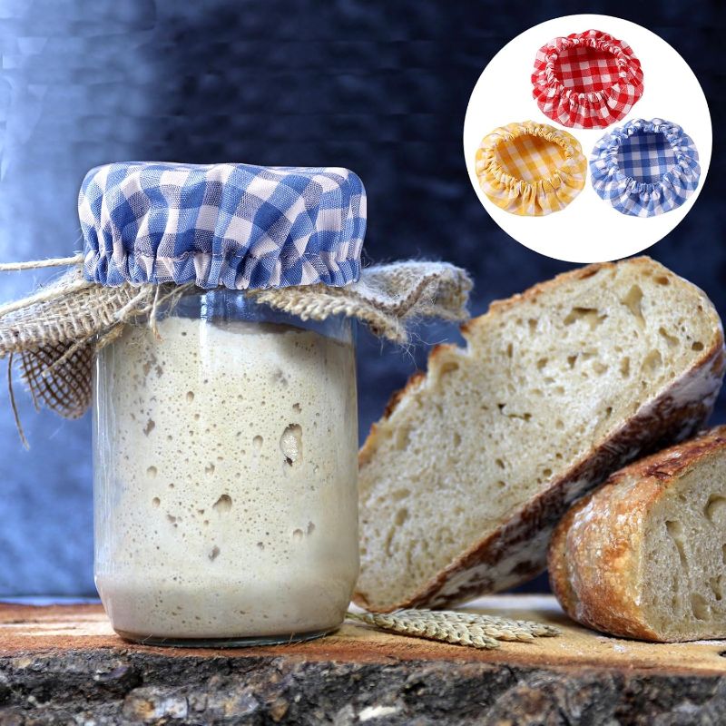 Photo 1 of 1 pcs Jar Cloth Covers, Plaid Cloth Jar Covers Elastic Unbleached Cloth lid Reusable Sourdough Starter Bowl Cover Dough Basket Cover Preserving Lids for 3-4 Inch Jar Mouth Baking Supplies