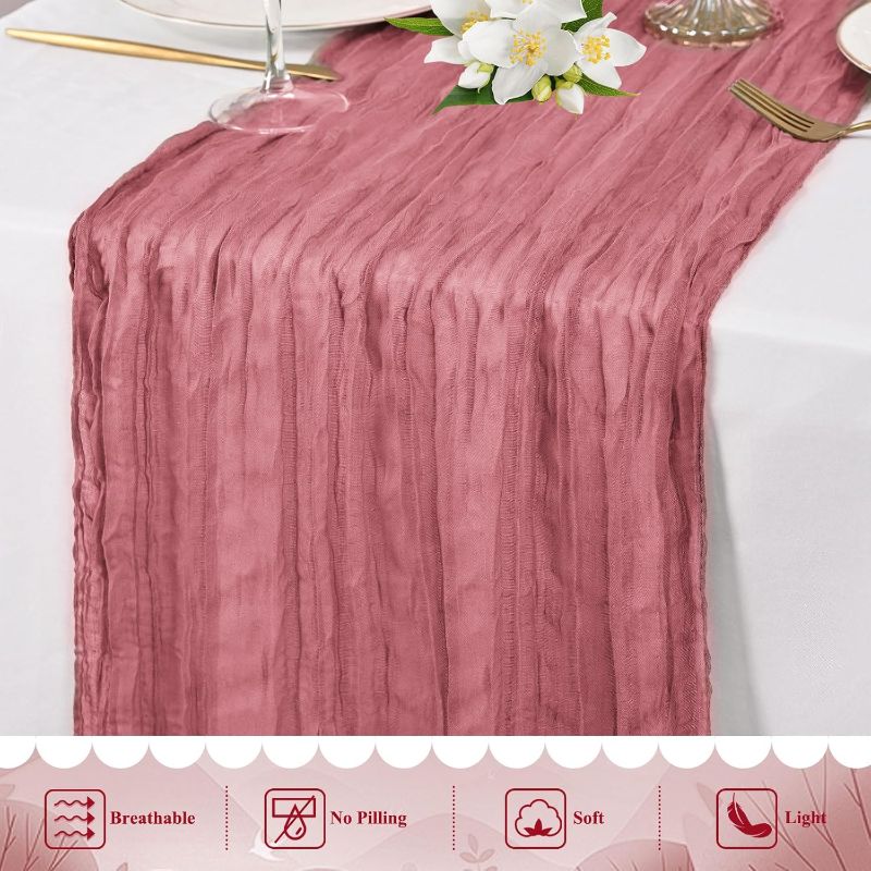 Photo 1 of 1 Packs Cheesecloth Table Runner 10FT Long Boho Gauze Fabric Table Runner Vintage Rustic Sheer Runners for Wedding Party Bridal Baby Shower Table Decorations (Dusty Rose)