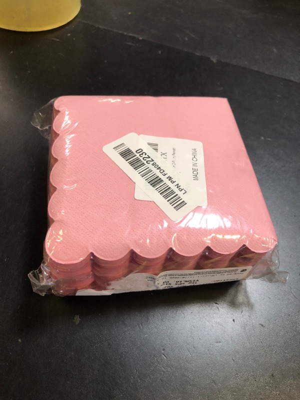 Photo 1 of 100 Pack Cocktail Napkin 2-Ply Scalloped Edged Dessert Napkins Folded 5 x 5 Inches Disposable Napkins for Dinner Wedding Birthday Party Bridal Anniversary Reception Event (Pink)