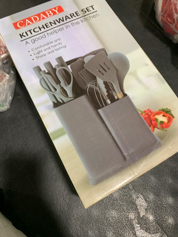 Photo 1 of CADABY 19 PCS Kitchen Cooking Utensils Set, 11 Pieces Silicone Cooking Utensils Set 6 Pieces Sharp Stainless Steel Black Knife Set with 1 Piece Cutting Board, Ideal for Apartment