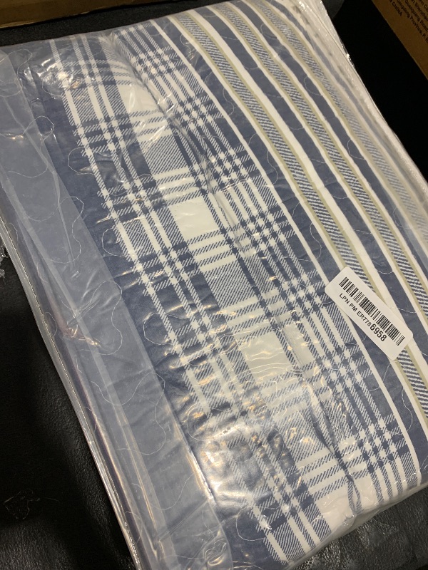 Photo 1 of Homzard King Size Comforter Set - Bedding Set Blue, Plaid Striped Quilt King Size, Blue White Tan Quilt 100% Cotton,Farmhouse Comforter Bedspread 3 Pieces