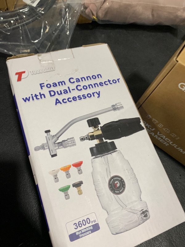Photo 1 of Tool Daily Pressure Washer Foam Cannon with Dual Connector Accessory, Double Tip Attachment for Soap Cannon, 5 Power Washer Nozzle Tips, 1/4” Quick Connect