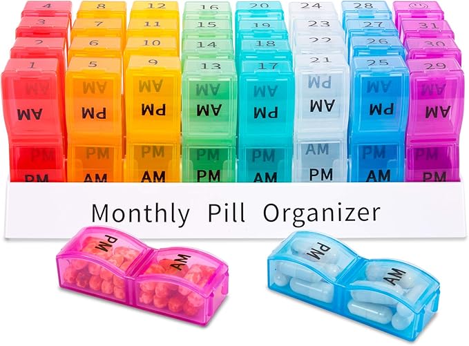 Photo 1 of ?Upgrade? Monthly Pill Organizer 2 Times A Day,One Month Box AM PM,Daily Cases Large 4 Week,Medication 28 Days Dispenser for Pills,Fish Oils, Vitamin,Supplement(Rainbow)…