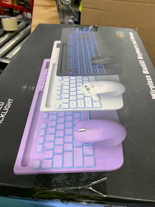 Photo 1 of Wireless Keyboard and Mouse Combo with 7 Colored Backlits, Wrist Rest, Rechargeable Ergonomic Keyboard with Phone Holder, Silent Lighted Full Size Combo for Windows, Mac, PC, Laptop-Trueque (White)