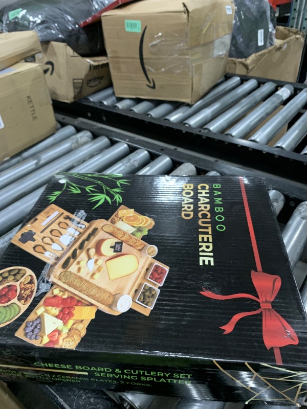 Photo 1 of Large Bamboo Charcuterie Boards Gift Set with 4 Hidden Drawers, Cheese Knives, Ceramic Bowls & Plates, Recipe Book, Perfect House Warming Gifts New Home