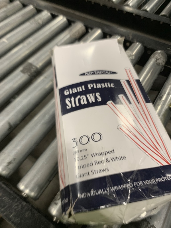 Photo 1 of Party Essentials Pack of 300 Disposable Individually Wrapped 10.25 Inches Long Giant Plastic Drinking Straws, Striped Red & White