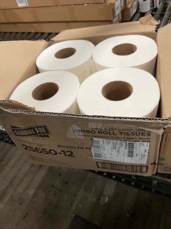 Photo 1 of Genuine Joe Jumbo Roll Bath Tissue - 2-Ply White Toilet Paper, 3.3" x 650' per Roll, 12 Count Bulk Pack, Recycled Fiber, Commercial Grade for Dispensers