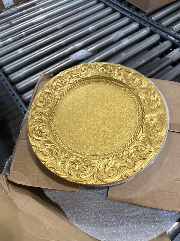 Photo 1 of FoldTier 100 Pcs Charger Plates 13 Inch Plastic Round Chargers Bulk 50 Dinner Plates 50 Disposable Napkins for Wedding Party Event Table Decoration Setting(Gold)
