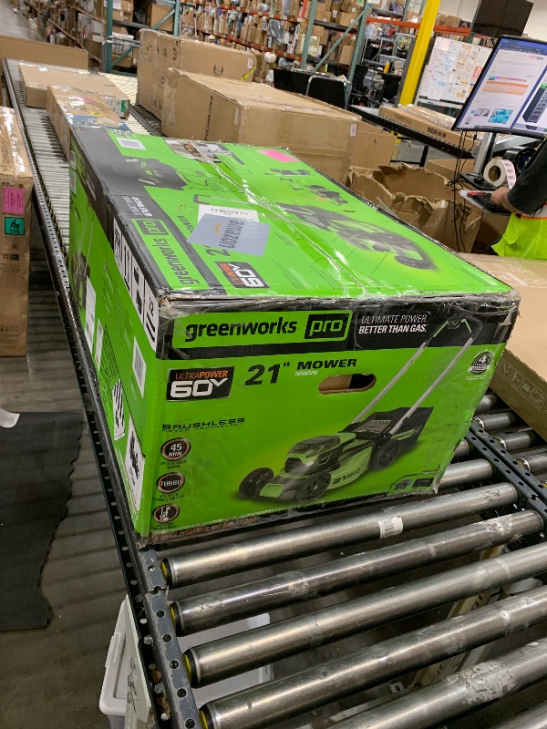 Photo 1 of Greenworks 60V 21” Cordless (Push) Lawn Mower (LED Lights + Aluminum Handles), 5.0Ah Battery and Rapid Charger
