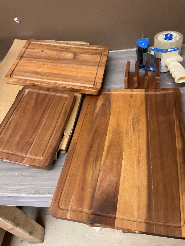 Photo 1 of Acacia Wood Cutting Board?Solid Wood Cutting Board for Kitchen with Holder with Deep Juice Grooves & Built-in Handles, Durable Wooden Chopping Board Set of 3 for Meat, Vegetables and Fruits