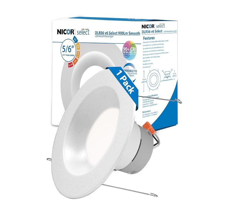Photo 1 of NICOR Lighting Recessed Ceiling Lights LED Downlight - Dimmable 5/6 inch LED Recessed Light Fixtures - Selectable CCT 2700K-5000K, 918 Lumens, 10.3W - DLR56 LED Retrofit Ceiling Light, White
