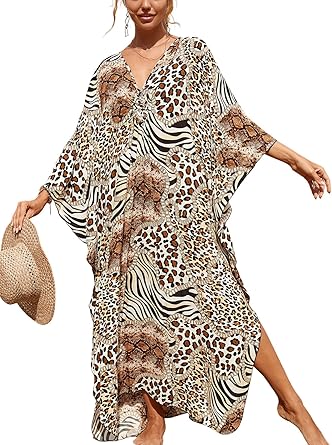 Photo 1 of Women's Plus Size Animal Print V-Neck Batwing Kaftan Beach Dress Bathing Suit Cover-Up Loungewear