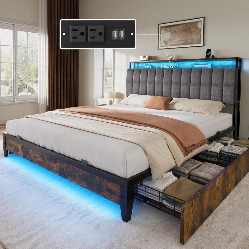 Photo 1 of YITAHOME Full Size Bed Frame with RGB LED Lights and 4 Drawers, Upholstered Platform Bed with Charging Station and Storage Headboard, No Box Spring Needed, Noise-Free, Fast Assembly, Rustic Brown
