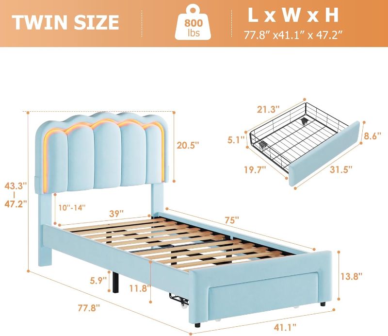 Photo 1 of Twin Upholstered LED Bed Frame with Storage Drawer and Adjustable Chic Double Wavy Headboard, Velvet Princess Platform Bed for Kids/Girls, Solid Wood Slats Support, No Box Spring Needed, Blue
