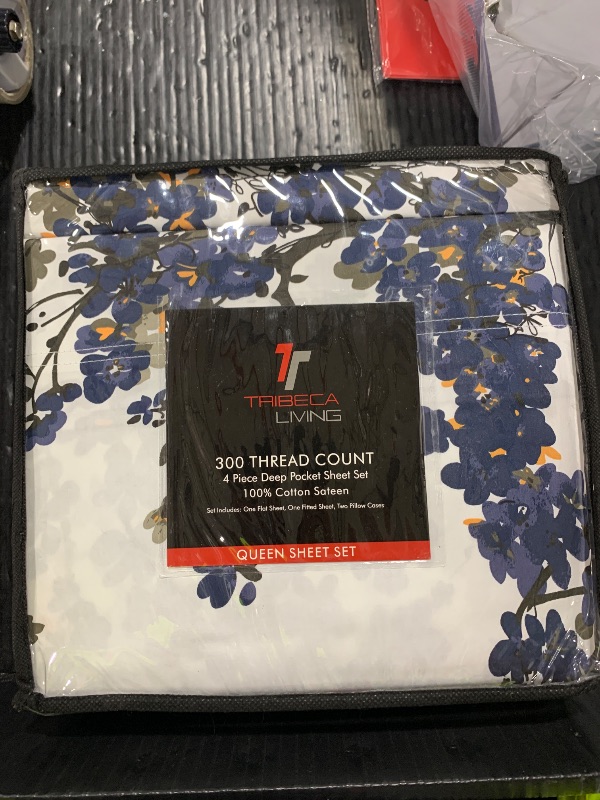 Photo 1 of Tribeca Living Queen Bed Sheet Set, 300 Thread Count Soft Cotton Sateen, Floral Print with Extra Deep Pockets, 4-Piece Bedding Set, Milan Navy Blue/Multicolor