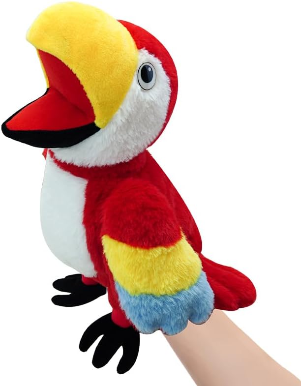 Photo 1 of Puppets Parrot Hand Puppet,13.8" Animal Puppets Hand Puppets Bird Stuffed Animal Hand Puppets for Kids with Movable Mouth,Puppet Plush Multi-Color Toys Bird Puppet Role Play Teaching(Red)