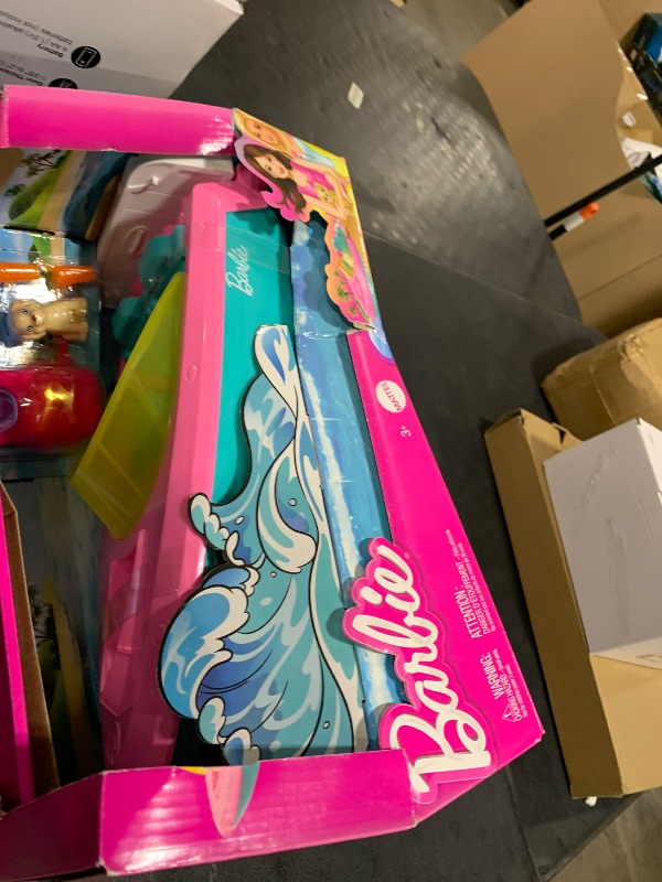 Photo 1 of Barbie Toy Boat with Pet Puppy, Life Vest & Beverage Accessories, Fits 3 Dolls & Floats in Water