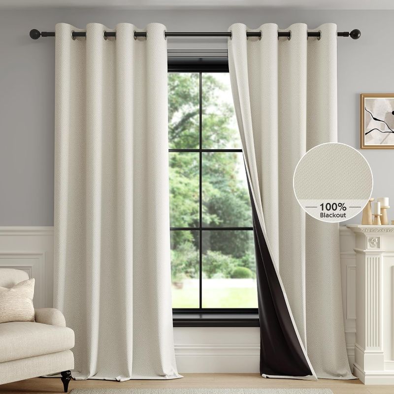 Photo 1 of 100% Beige Blackout Curtains for Bedroom, Cream Weave Textured Curtains 84 Inches Long Thermal Insulated Curtains for Living Room, Farmhouse Drapes Grommet Room Darkening 2 Panels