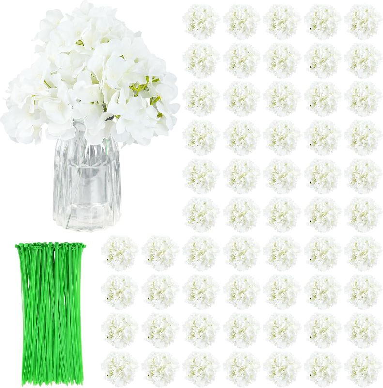 Photo 1 of 104+100PCS Artificial Hydrangea Flowers with Stems+ Zip Ties?Silk Faux Hydrangea Flowers for Wedding, Home, Porch Decor?White Real Touch Fake Hydrangeas, Outdoor Artificial Hydrangea Heads
