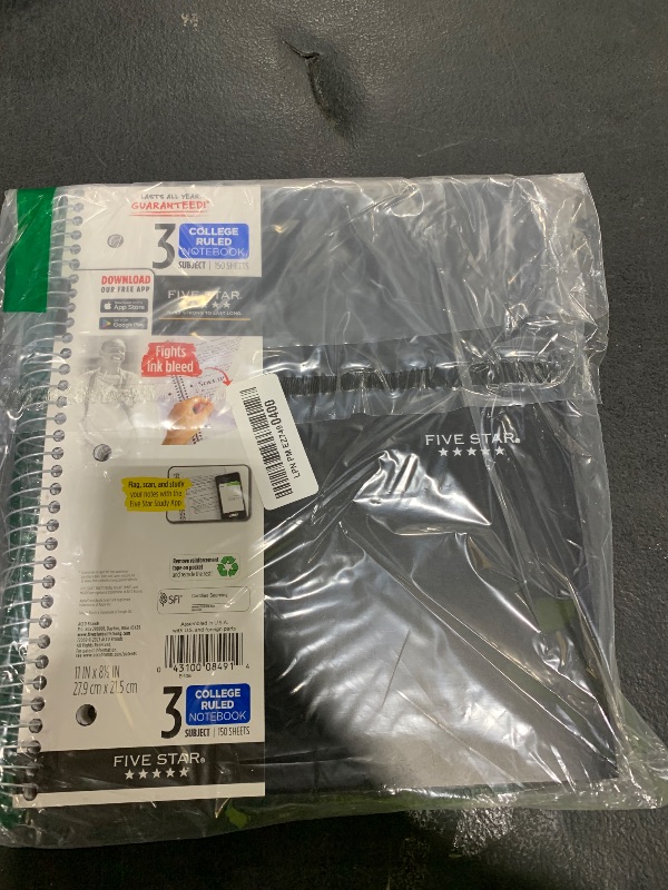 Photo 1 of Five Star Spiral Notebook + Study App, 3 Subject, College Ruled Paper, Fights Ink Bleed, Water Resistant Cover, 8-1/2" x 11", 150 Sheets, Black (72069)
