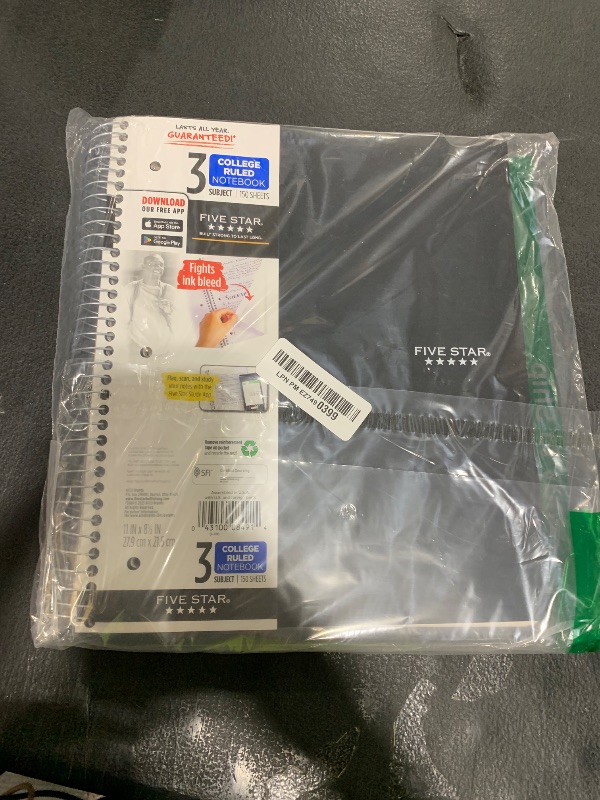 Photo 1 of Five Star Spiral Notebook + Study App, 3 Subject, College Ruled Paper, Fights Ink Bleed, Water Resistant Cover, 8-1/2" x 11", 150 Sheets, Black (72069)