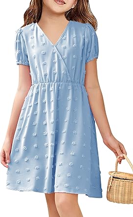 Photo 1 of NHDBCUF Girls' Swiss Dot Dress Kids Casual Babydoll V-Neck Flowy A Line Party Swing Mini Dresses for 5-14 Years
