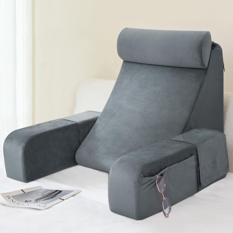 Photo 1 of NITYA Reading Pillow for Sitting in Bed Adult, 19" Back Support Pillow for Bed Sitting up, Backrest Cushion for Reclining,Gaming,Resting,Watching TV in Couch or Floor, Wedge with Arms, Medium(Grey)