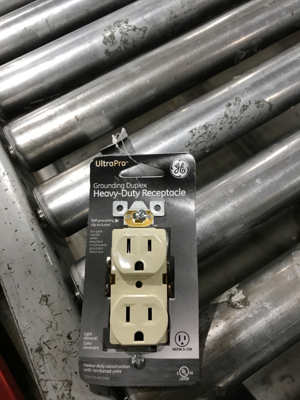 Photo 1 of UltraPro GE Duplex Heavy-Duty Receptacle, 2, Wall Outlet, Reinforced Yoke, Self-grounding Clip, 3 Prong, Supports 15A, UL Listed, Light Almond, 42478
