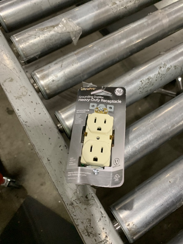 Photo 1 of UltraPro GE Duplex Heavy-Duty Receptacle, 2, Wall Outlet, Reinforced Yoke, Self-grounding Clip, 3 Prong, Supports 15A, UL Listed, Light Almond, 42478