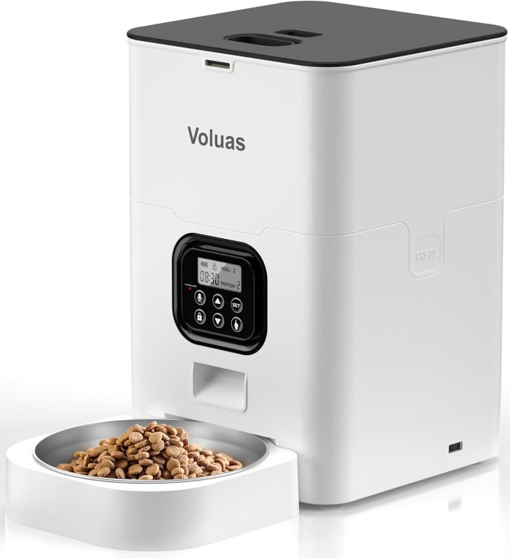 Photo 1 of VOLUAS Automatic Cat Feeders - Timed Pet Feeder for Cats and Dogs with Dry Food Dispenser, Desiccant Bag, Programmable Portion Control, 4 Daily Meals, 10s Voice Recorder
