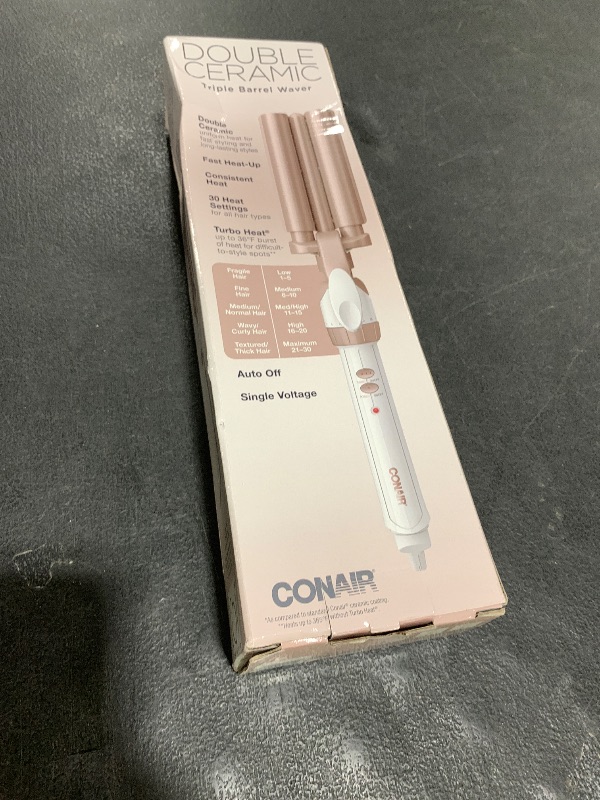 Photo 1 of Conair Double Ceramic 3 Barrel Curling Iron, Hair Waver, Create Beachy Waves, Long-Lasting Natural Tight Waves for all Hair Lengths, White / Rose Gold