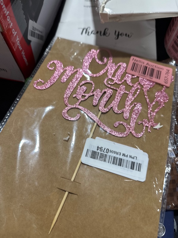 Photo 1 of AHAORAY One Month Cake Topper - Pink Glitter New Born Welcome Baby Cake Decorations Supplies, for Baby Shower/Gender Reveal Party Photo Booth Props