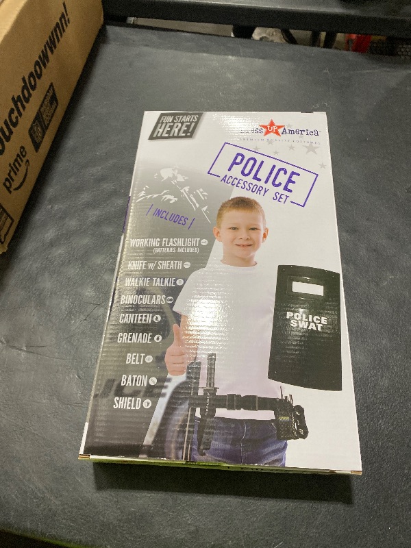 Photo 1 of Dress Up America Police Officer SWAT Role Play Set For Kids - Police Pretend Play Accessory Set – Police Force Set Includes Plastic Baton and Binoculars Shield, Adjustable Belt, Flashlight & More