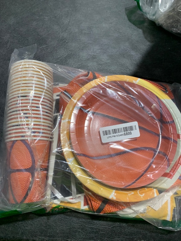 Photo 1 of Gatherfun Basketball Party Supplies Kit for 24 - Basketball Party Decorations with Dinner & Dessert Plates, Napkins, Cups, Banner & Tablecloth - for Basketball Birthday & Sports Party Decorations