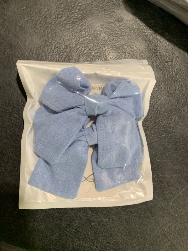Photo 1 of 2pc Light Blue Hair Bows Clips 4” Cotton Linen Ribbon Alligator Barrettes Hairpins for Toddler Teen Girl Women Birthday Summer Beach Party School Dress Decor Accessories Gift