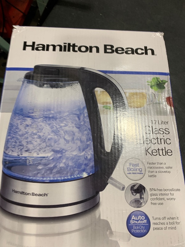 Photo 1 of Hamilton Beach 1.7L Electric Kettle, Water Boiler & Heater, LED Indicator, Built-In Mesh Filter, Auto-Shutoff & Boil-Dry Protection, Cordless Serving, Clear Glass (40864)
