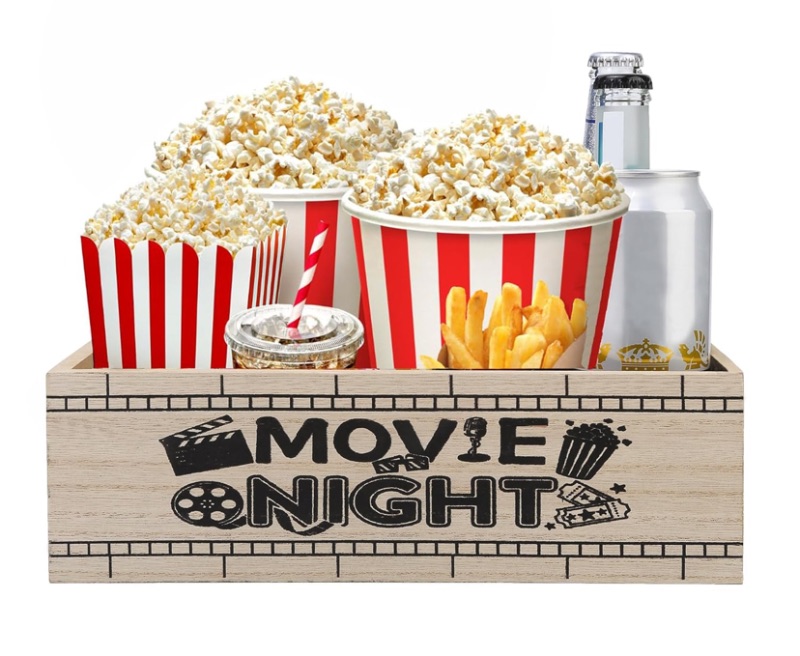 Photo 1 of Wooden Movie Night Snack Tray with Handles – Reusable Popcorn Bucket Organizer for Theater Room Decor – Sturdy Gift Basket for Family Movie Nights & Holiday Parties (Movie Night)