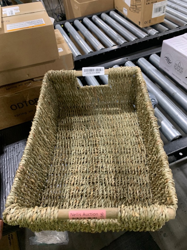 Photo 1 of Large Natural Wicker Basket Rectangular with Wooden Handles, Seagrass Storage for Organizing, Shelves 15.5 x 10.6 x 5.5 inches