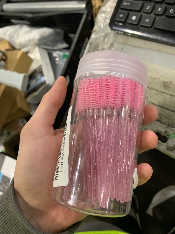 Photo 1 of 100 Pcs Disposable Mascara Wands, Crystal Eyebrow Spoolies Brush for Eyelash Extensions, Pink Lash Brushes with Container