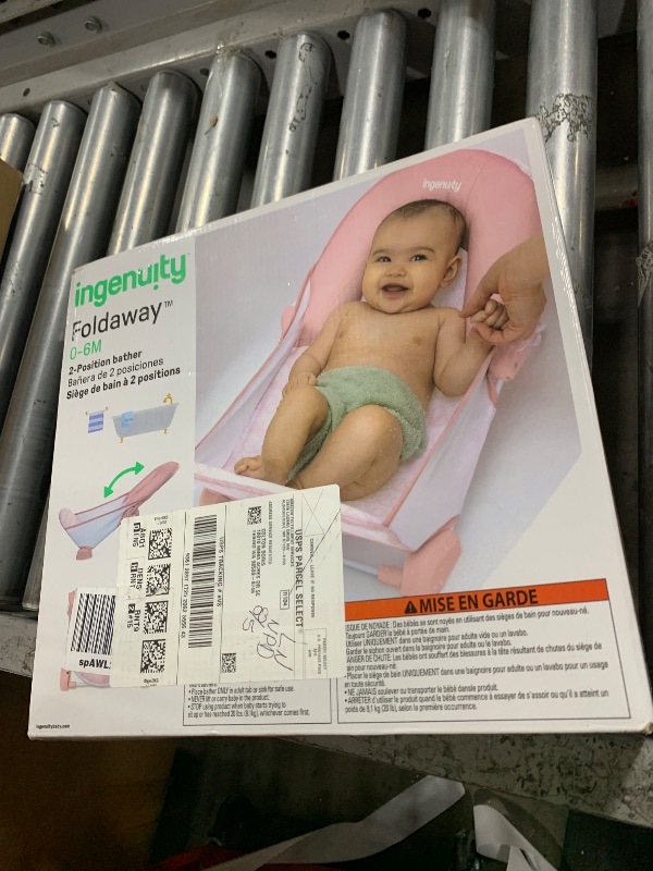 Photo 1 of Ingenuity Foldaway 2-Position Bather, 2-Position Adjustable Support Baby Bath seat for Sink or Bathtub, Ages 0-6 Months, up to 20 pounds, Pink