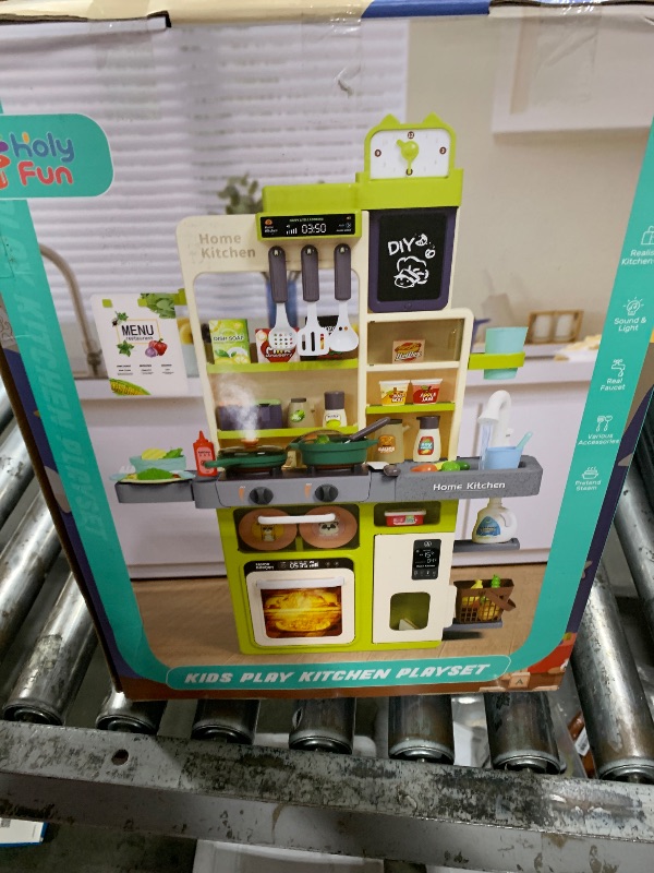 Photo 1 of HOLYFUN Kids Kitchen Playset, Pretend Play Kitchen with Sounds and Lights, Cooking Stove Steam,Play Sink and Play Food,Toy Kitchen Set for Kids Toddlers, Green