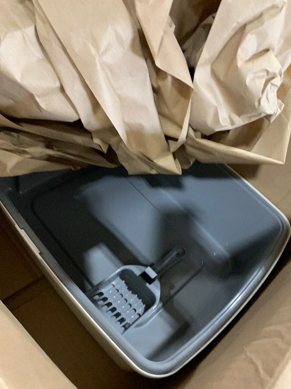 Photo 1 of Amazon Basics Large Cat Litter Box with High Sides, Open Top, Includes Scoop, 19 x 15 x 11.75 inches, Grey/Beige