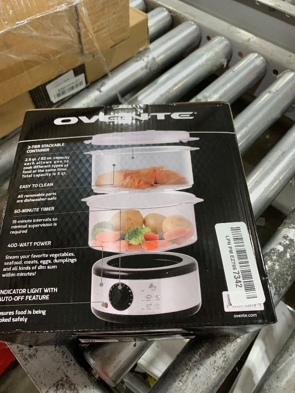 Photo 1 of OVENTE 2 Tier Electric Food Steamer for Cooking Vegetables, Stainless Steel Base, Stackable and Dishwasher Safe Baskets, 400W with Auto Shutoff and 60-Minute Timer, 5 Quart Capacity, Silver FS62S