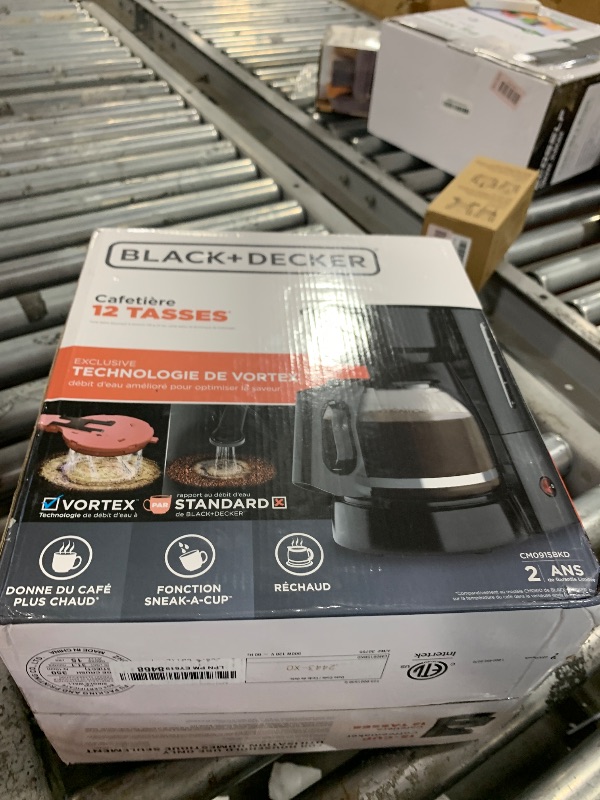 Photo 1 of BLACK+DECKER 12-Cup Coffee Maker with Easy On/Off Switch, Easy Pour, Non-Drip Carafe with Removable Filter Basket, Vortex Technology, Black