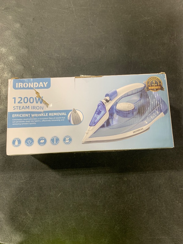 Photo 1 of IRONDAY Steam Iron for Clothes Fast Heating, 1200W Iron with Non-Stick Ceramic Soleplate, Self-Cleaning, Burst of Steam, Spray Mist, 7.03oz Water Tank Ironing Clothes for Home, Blue