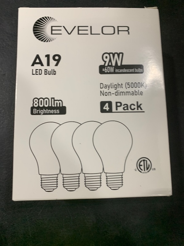 Photo 1 of evelor A19 LED Light Bulbs,60 Watt Equivalent Daylight 5000K with E26 Base,Efficient 9W,800 Lumens Non-Dimmable LED Bulbs,15000 Hours, Ideal for Bedroom Living Room, 4-Packs