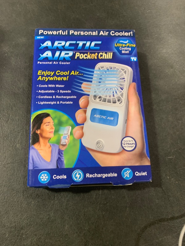 Photo 1 of Arctic Air Portable Fan, Pocket Chill Handheld Mini Fan, Rechargeable Personal Air Cooler with Hydro-Chill Technology, 3 Speeds & Built-in-Kickstand, Cordless for Travel, Indoor or Outdoor Use